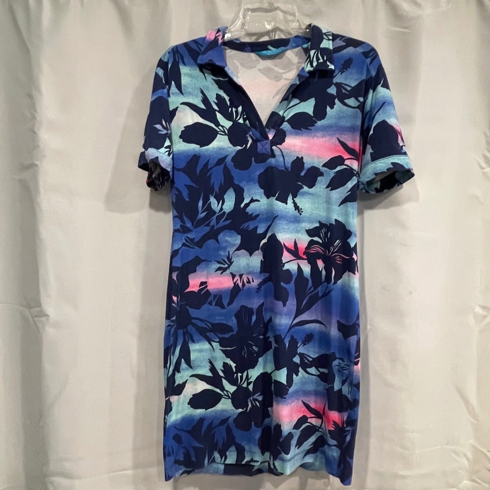 Tori Richard Honolulu Womens Blue Floral Tropical Polo Shift Dress Small 7437 - Picture 2 of 6